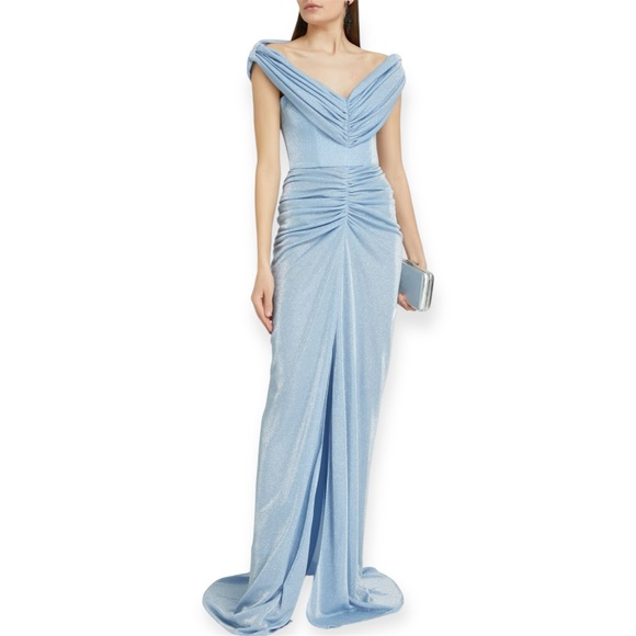 Rhea Costa Ruched Glitter Jersey Gown Light Blue Maxi Dress XS 38 Fits Small NWT - Picture 2 of 9